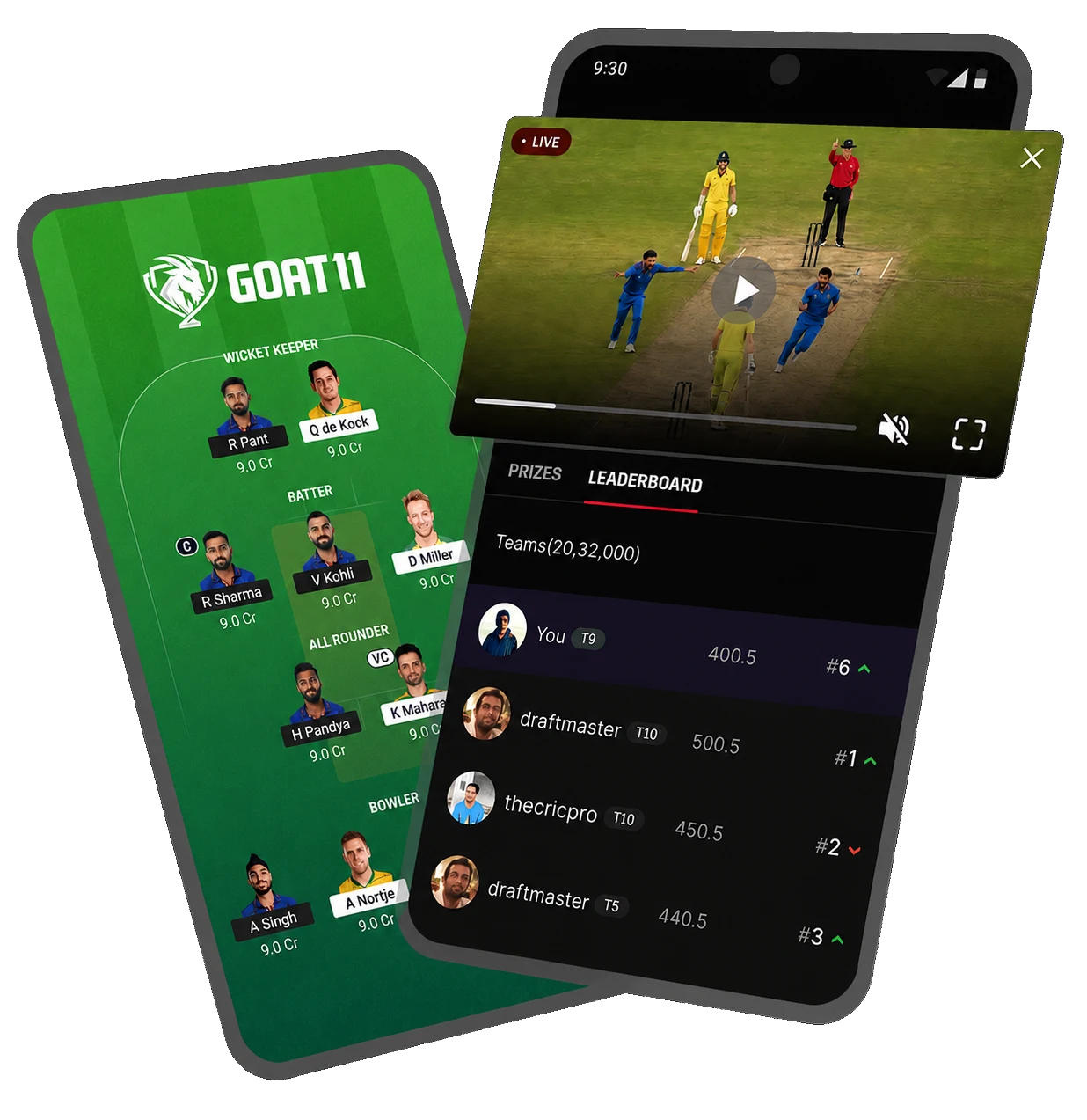 Goat11 App interface showing live fantasy cricket teams, real cash contests, and leaderboard